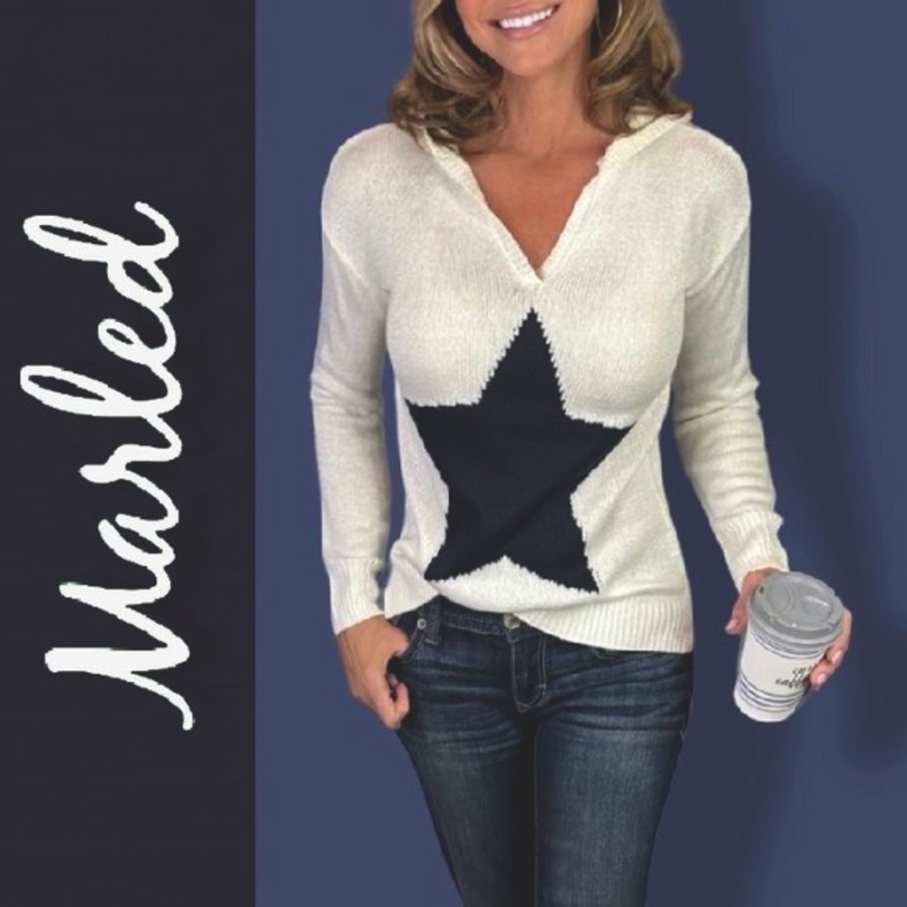 Marled Reunited Clothing Warm White Hoodie with a Dark Navy Star XS New w Tags!